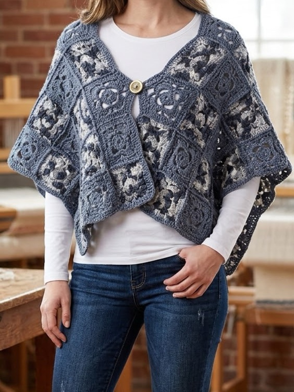 Hand Knit Crochet Wrap with Button Closure